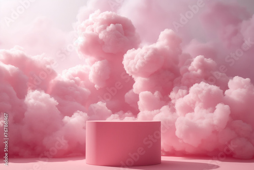 pink podium for product presentation with clouds