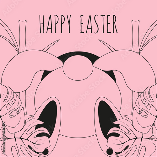 Funky Happy Easter greeting Card design with bunny ass in Hole. Easter holiday poster design in trendy monochrome style. Celebration art with pink rabbit. Vector illustration. EPS 10 Editable stroke