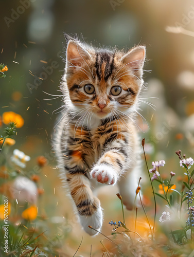Cute little ginger kitten running in the meadow with daisies
