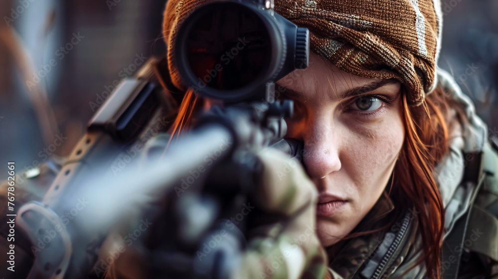 Portrait of a girl in a military uniform with a sniper rifle. 