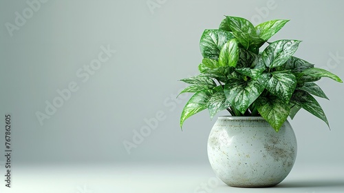 A Chinese money plant in a white flower vas with a big empty space against a studio white backdrop for text or product  Generative AI.