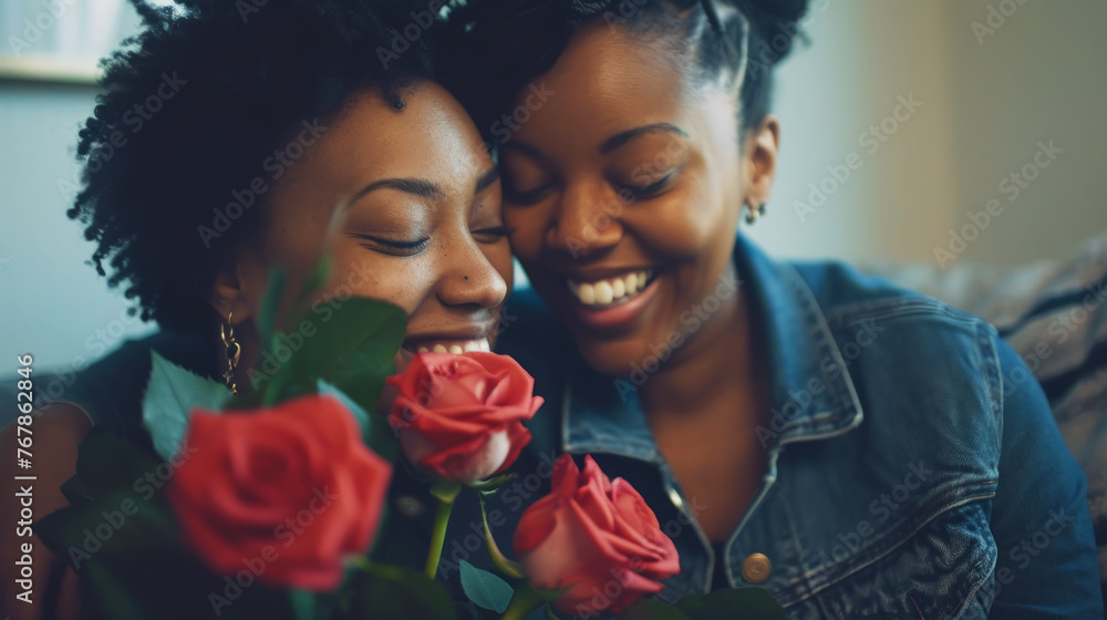 Happy young african american lesbian couple hugging with flowers. Engagement celebration. Pride concept. Generative AI Happy young african american lesbian couple hugging with flowers. Engagement celebration. Pride concept. Generative AI