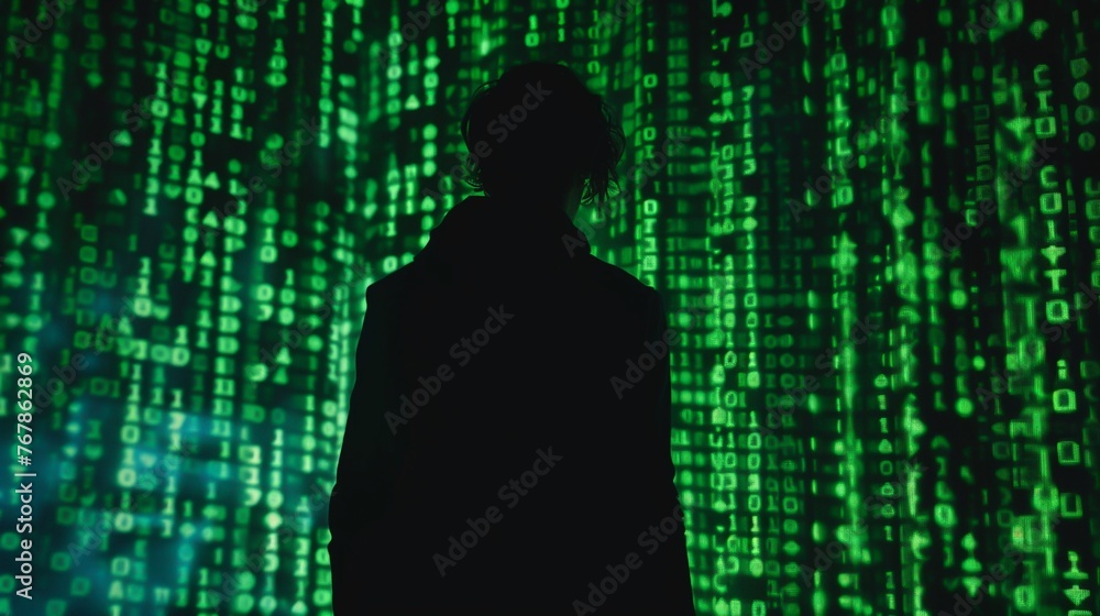 Hacker silhouette against code matrix, representing the ongoing battle in digital security and privacy Hacker silhouette against code matrix, representing the ongoing battle in digital security and privacy