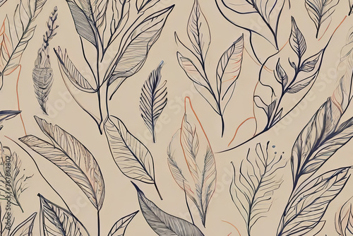 Botanical leaf line art wallpaper background for fabric, print, cover, banner, invitation. Luxury natural hand-drawn foliage pattern.