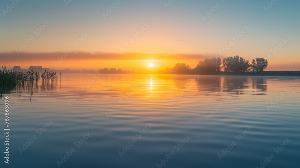 a beautiful sunrise landscape over a calm lake, an association with morning peace and the innocence of nature