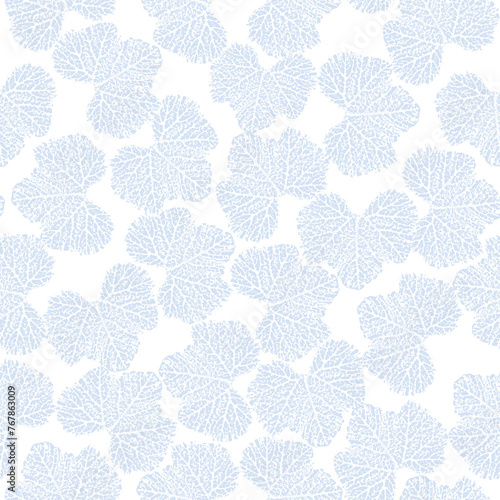 Seamless Exotic Leaf Background delicate cyan blue spring leaves in pastel colors with white background pattern.two colour used Textile, decor for pastel linen, print, vector