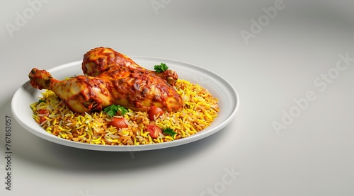 "A Photorealistic Image of Chinese Chicken Biryani on White Plate"


