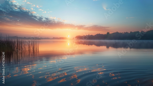 a beautiful sunrise landscape over a calm lake, an association with morning peace and the innocence of nature #767863241