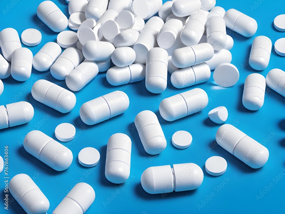 white medicine capsules and pills on blue background, health and healthcare concept. white medicine capsules and pills on blue background, health and healthcare concept.
