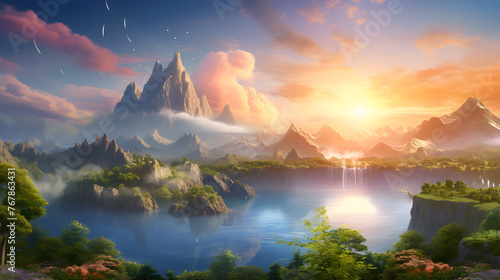 Breathtaking Sunrise Over the Green Mountains in a Dreamy CG Landscape © Ethel