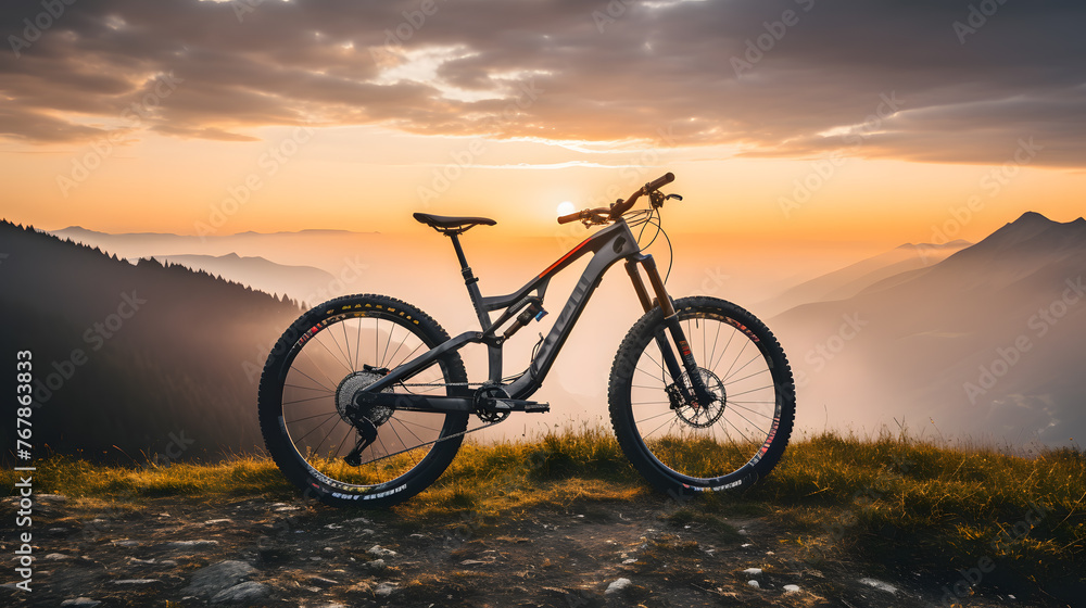 Off-road bicycle parking on the flat ground at the mountain top Off-road bicycle parking on the flat ground at the mountain top