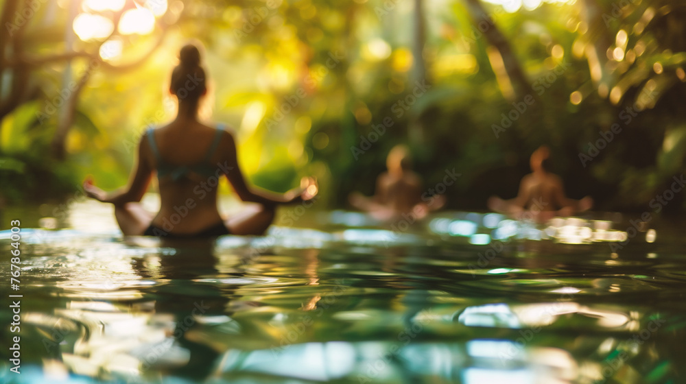 Young asian woman meditating in swimming pool at sunset time Young asian woman meditating in swimming pool at sunset time
