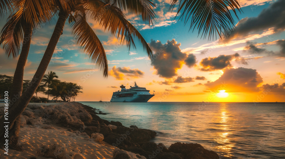 Cruise ship at sunset with palm trees