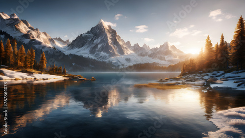 A serene mountain landscape with snow-capped peaks, reflecting the golden hues of sunrise in a crystal-clear alpine lake