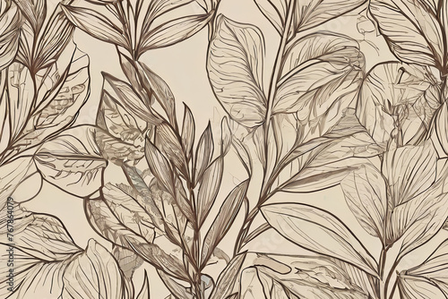 Botanical leaf line art wallpaper background for fabric, print, cover, banner, invitation. Luxury natural hand-drawn foliage pattern.