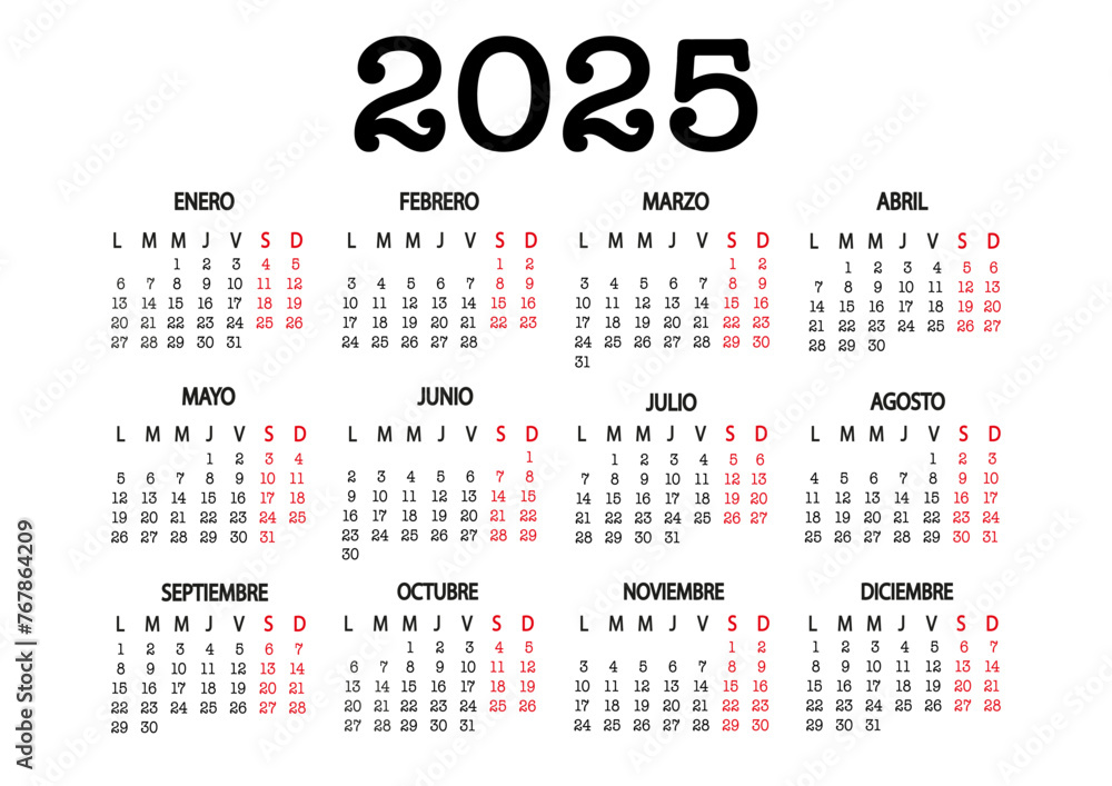 Horizontal Spanish calendar for 2025 Horizontal Spanish calendar for 2025