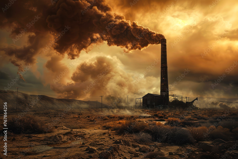 A lone smokestack rises above a barren desert landscape at sunset, symbolizing isolation and industrial impact on nature
