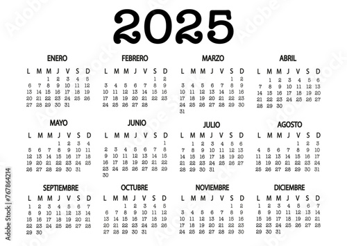 Horizontal calendar in Spanish for 2025