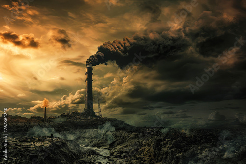 An industrial chimney stands tall against a stormy sky, as a heavy smoke plume casts a shadow on the rugged terrain below