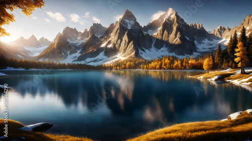 A serene mountain landscape with snow-capped peaks  reflecting the golden hues of sunrise in a crystal-clear alpine lake