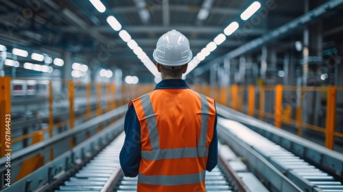 Rear view of male employee in protective helmet and safety vest standing in a spacious bright factory facility with conveyor. Specialist monitors the operation of conveyor and carries out maintenance.
