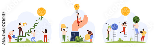 Success career ladder and opportunity for manager set. Tiny people reach goal and climb stairs, grow staircase to target, leader hand holding woman with light bulb cartoon vector illustration