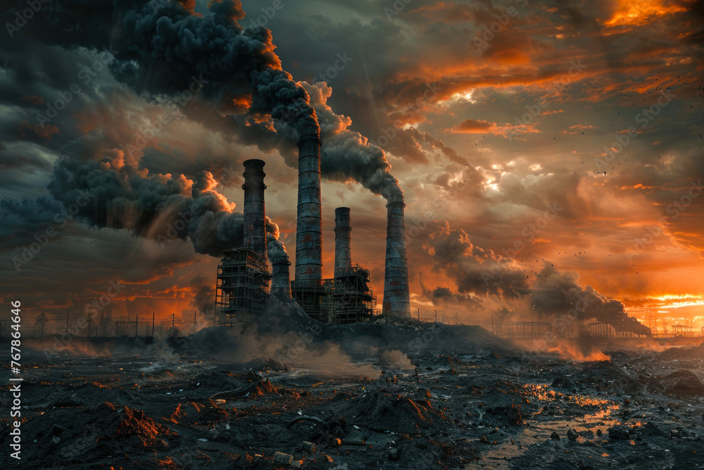 A dystopian vision of industrial pollution, with smokestacks emitting plumes of smoke against a dramatic fiery sunset sky - obrazy, fototapety, plakaty 