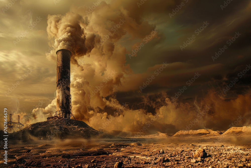 A chilling and eerie industrial scene, with a lone chimney surrounded by smoke and fog in a desolate setting - obrazy, fototapety, plakaty 