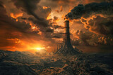A dystopian scene showing a tall smoking chimney against a dark, ominous sky, evoking a sense of doom