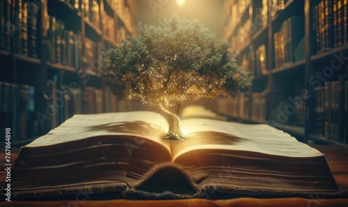 Tree growing from an open book on the background of a library. Concept of education and knowledge.