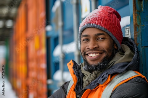 Portrait of male loader wearing orange signal vest working at warehouse. Smiling confident freight handler standing outdoors. Sea containers standing in the background. photo