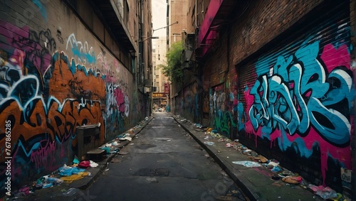 A gritty urban alley with graffiti tags and street art © Omar