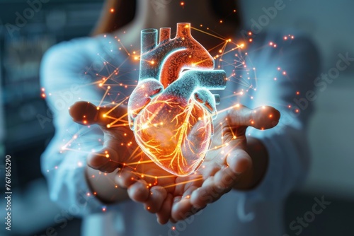 Cropped close-up of a female holding neon glowing heart hologram in her hands. A woman examines a detailed 3D holographic image of a human heart. Innovation, heart health and cardiology concept.