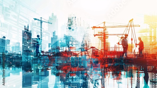 Digital building construction engineering meets double exposure graphic design. Showcase building engineers, architects, or construction workers utilizing modern civil equipment technology