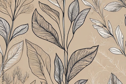 Botanical leaf line art wallpaper background for fabric, print, cover, banner, invitation. Luxury natural hand-drawn foliage pattern.