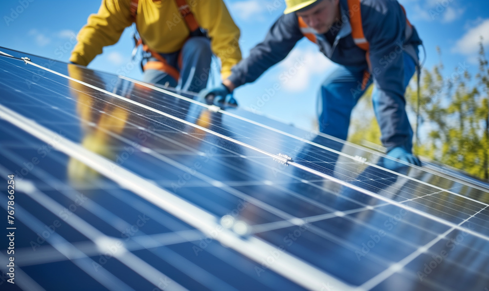 A solar panels installation with workers installing a panel A solar panels installation with workers installing a panel