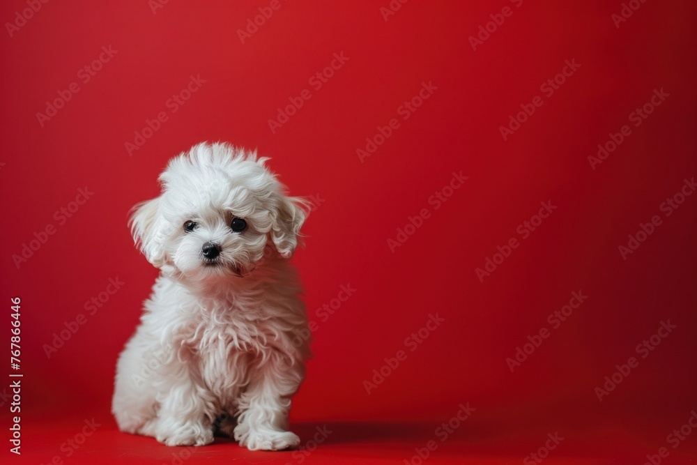 Fluffy Maltese Puppy Against Striking Red, Full of Cuteness and Charm - Generative AI