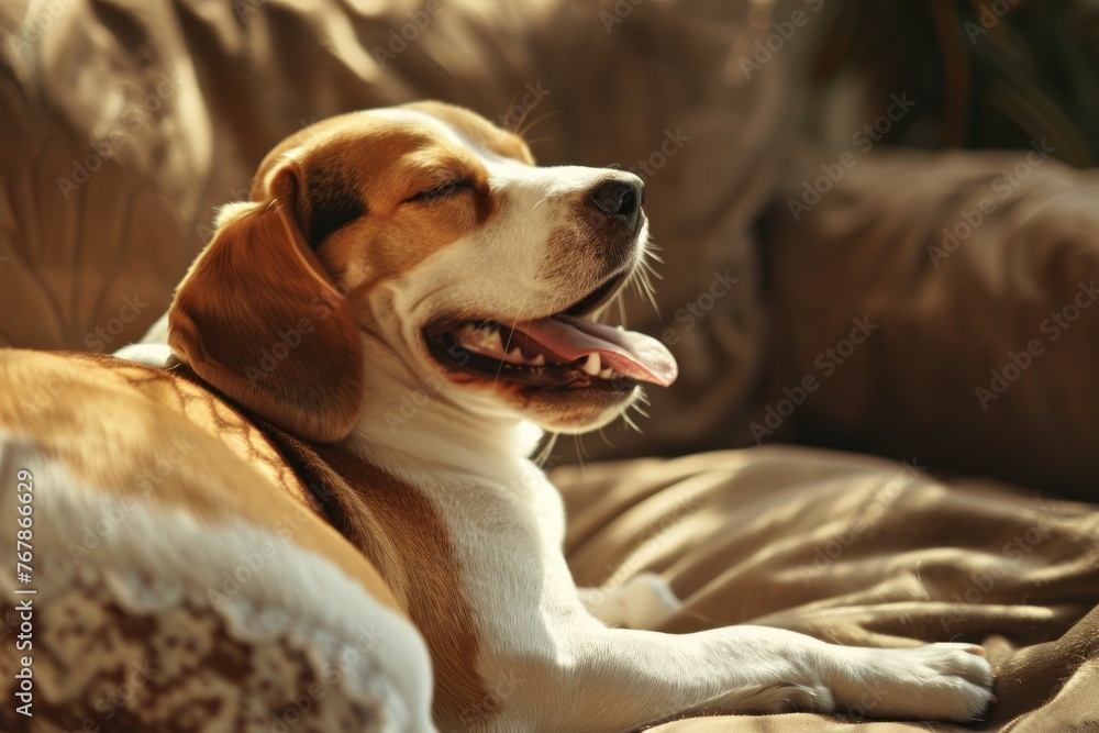 Cozy Beagle Enjoying a Relaxing Yawn on a Comfy Sofa - Generative AI