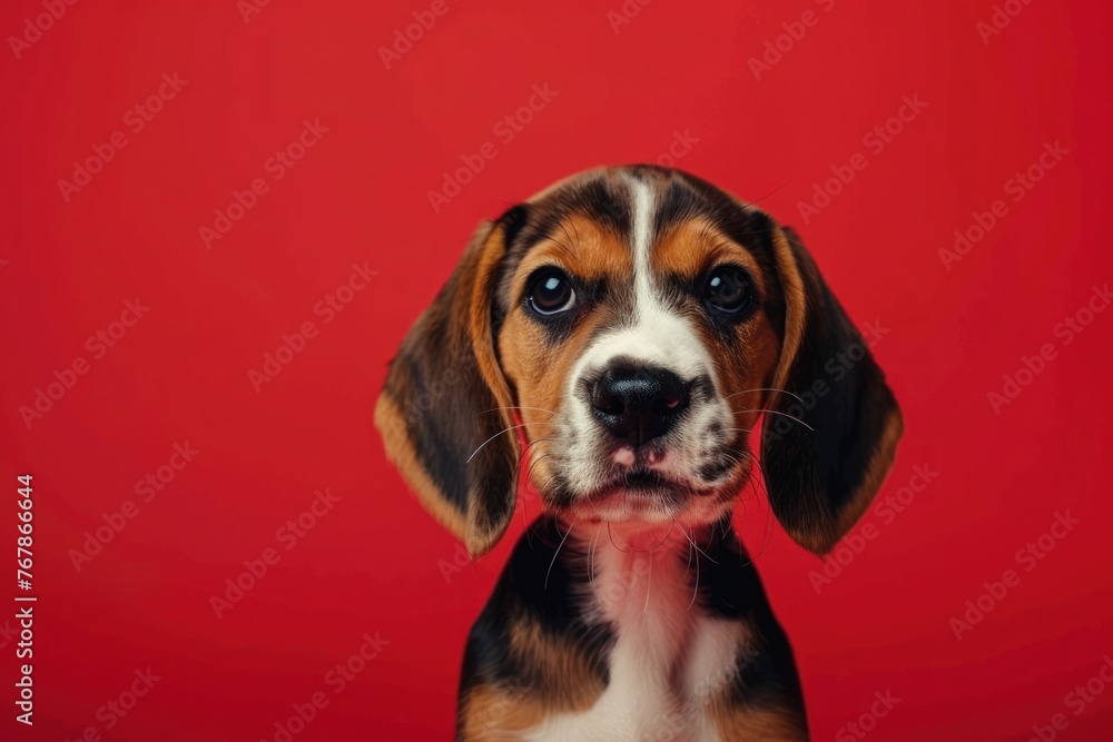 Adorable Beagle Puppy with Expressive Eyes on a Vivid Red Backdrop - Generative AI