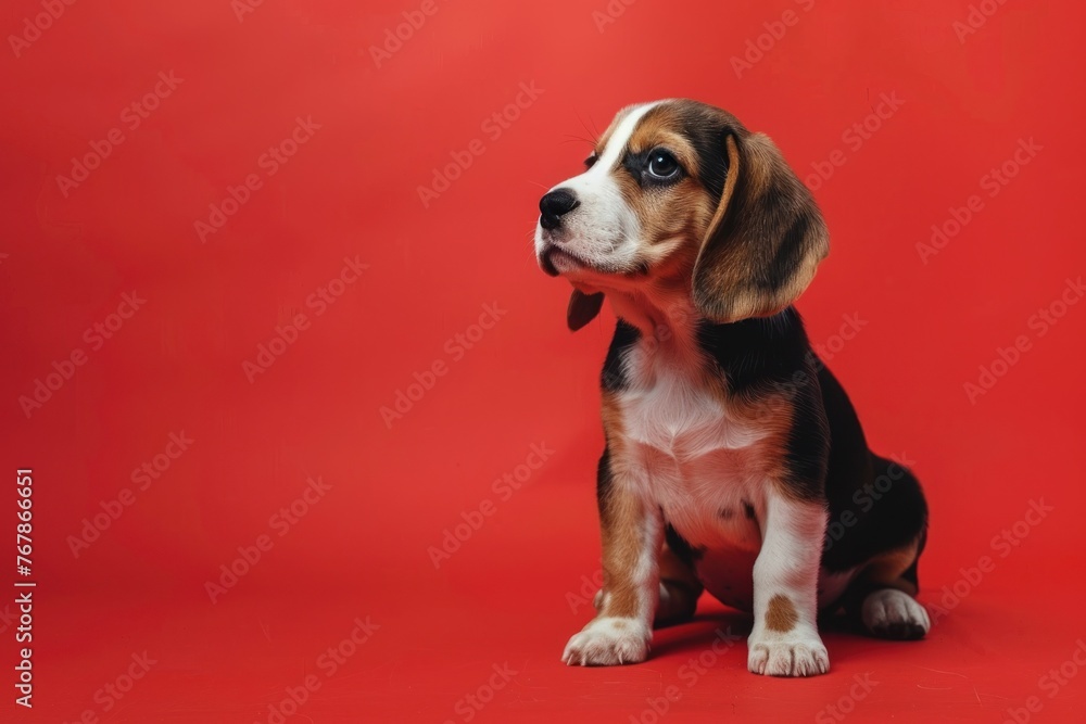 Adorable Beagle Puppy with Expressive Eyes on a Vivid Red Backdrop - Generative AI