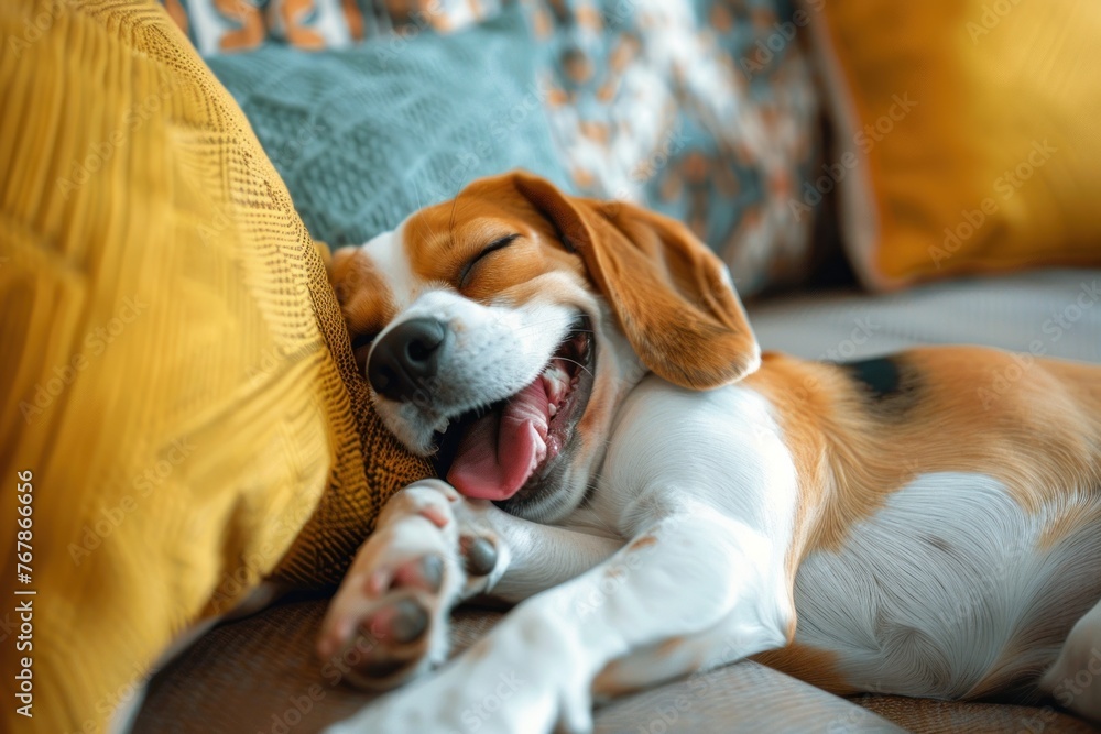 Obraz premium Cozy Beagle Enjoying a Relaxing Yawn on a Comfy Sofa - Generative AI