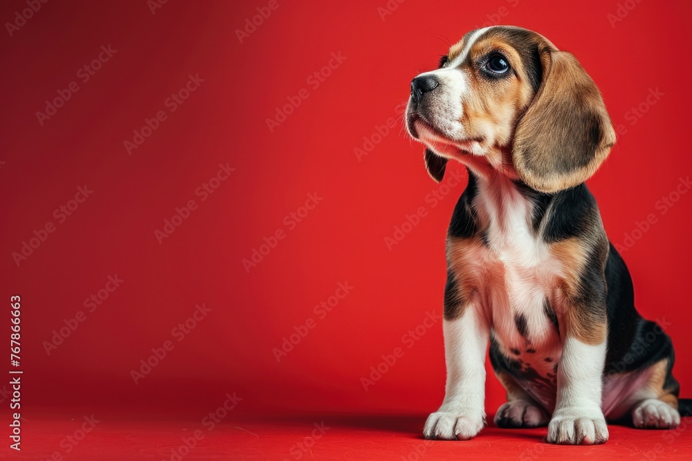 Adorable Beagle Puppy with Expressive Eyes on a Vivid Red Backdrop - Generative AI