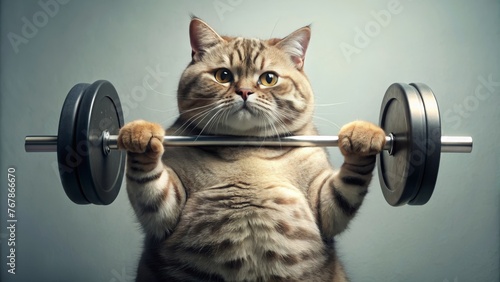 A comical image of an overweight cat lifting a barbell, creatively suggesting fitness and health themes in a lighthearted way