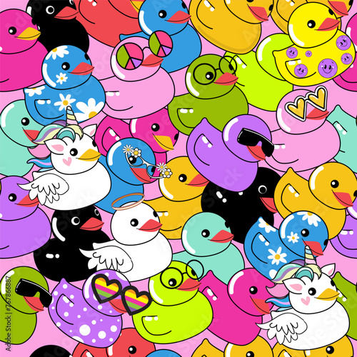 Colorful duck seamless pattern. Vector illustration in cartoon style for packaging