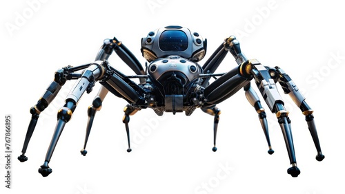 Modern spider-like robot with articulated limbs isolated on a white background