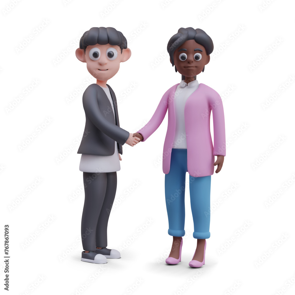 Fototapeta premium Man and woman of different races shake hands. Concept of equality, partnership