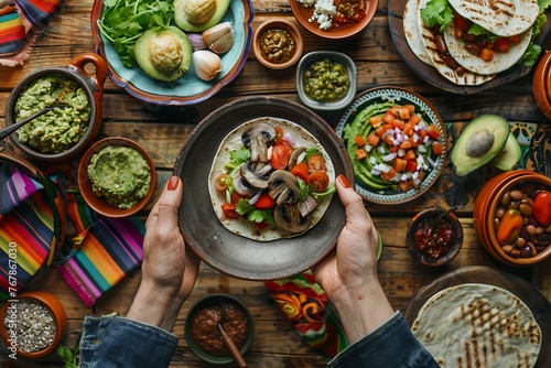 Mushroom and vegetable taco from a top view, surrounded by various dishes such as guacamole, tortillas, and salsas on the table with colorful Mexican napkins and plates against a wood kitchen 