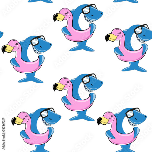 Funny cartoon sharks with sunglasses and flamingo on a white background seamless pattern. Summer concept for kids