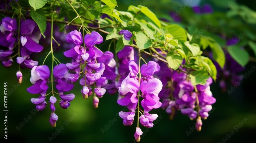 Purple wisteria flowers cascading from branch in front of lush green summer field Purple wisteria flowers cascading from branch in front of lush green summer field