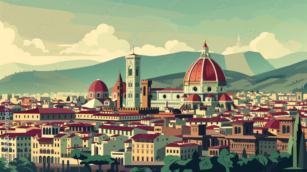 Florence cityscape illustration capturing the Duomo in vibrant colors - obrazy, fototapety, plakaty 